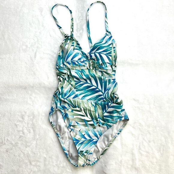 Time and Tru Women's Flower Frenzy One Piece Swimsuit Tropical Leaf Pattern Whit - Picture 2 of 13